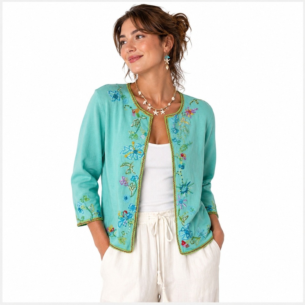 Vintage Michael Simon Embroidered Cardigan S French Chic 3/4‎ Sleeve Deadstock